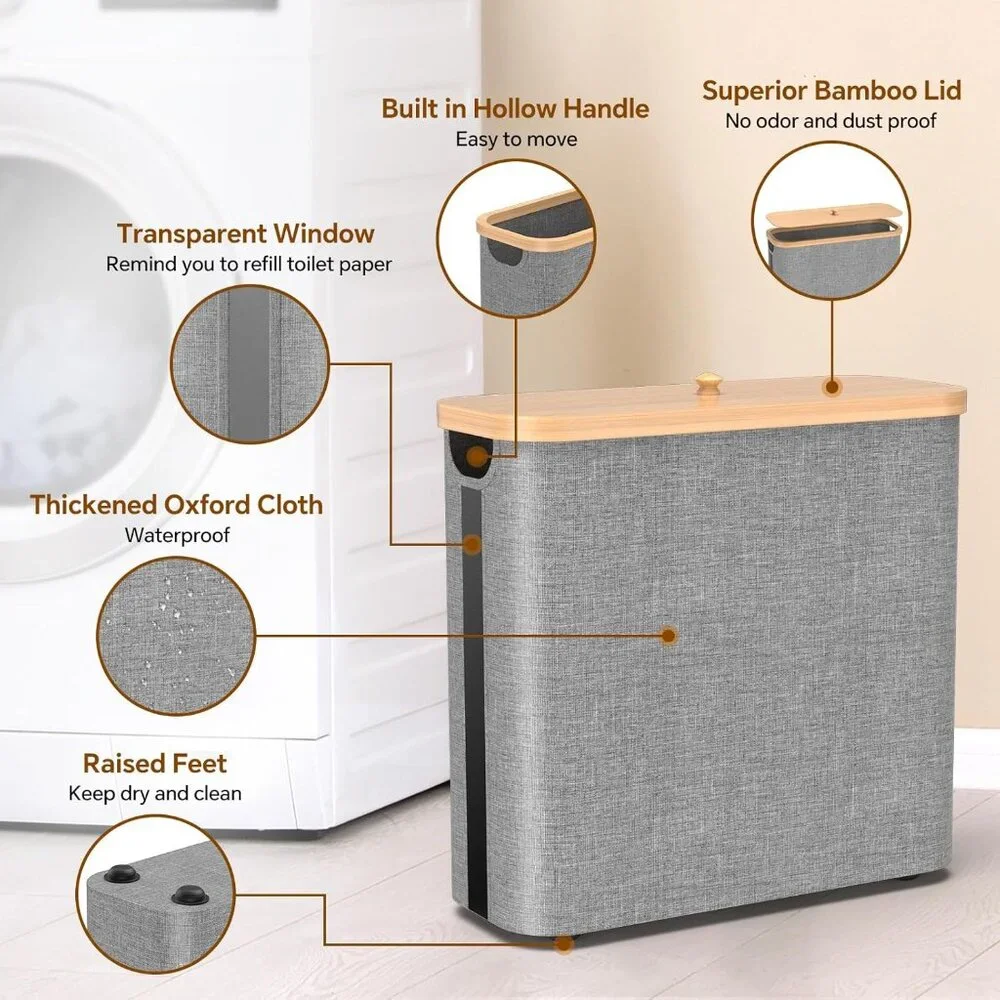 Toilet Paper Storage w/Bamboo Lid, 33.8L Foldable Toilet Paper Basket Organizer